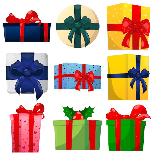 크리스마스, 생일, 발렌타인 데이, 겨울 휴가를 위한 리본이 있는 선물 상자 세트.