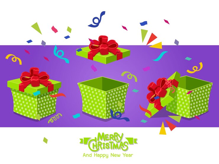 Set gift boxes. Concept cartoon of different present boxes. Christmas elements set. Celebration event for Birthday and New Year