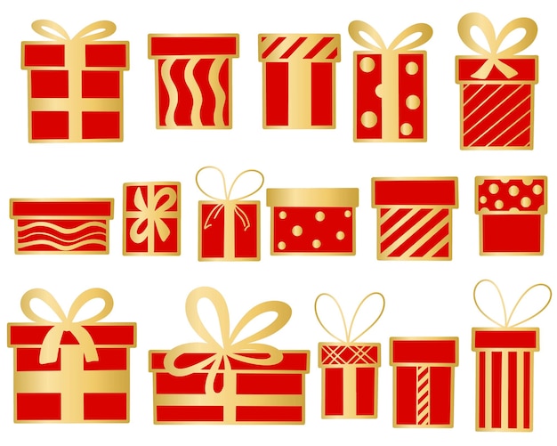 Set gift boxes isolated vector illustration red boxes decorated with gold ribbons and bows