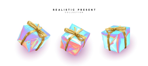 Set of gift boxes square shapes. Realistic 3d design of surprise boxes, gift presents Hologram neon color gradient. Vector illustration