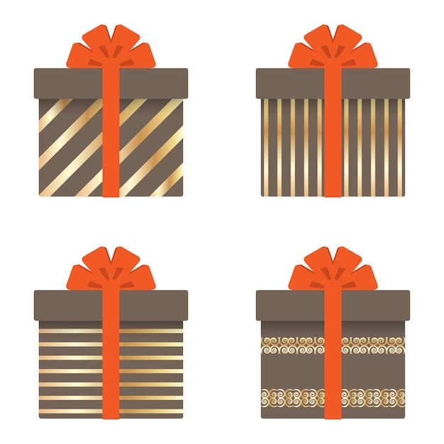 Set of gift boxes with ribbons bows gold stripes circles and stars Vector illustration