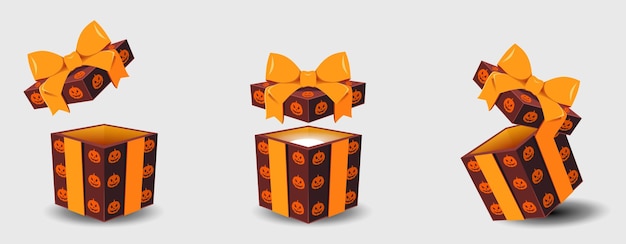 A set of gift boxes with a scary halloween-themed pumpkin.