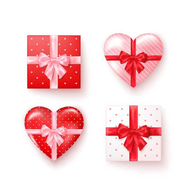 Set of gift boxes with silk bows in realistic style top view. Square and heart shape boxes. 