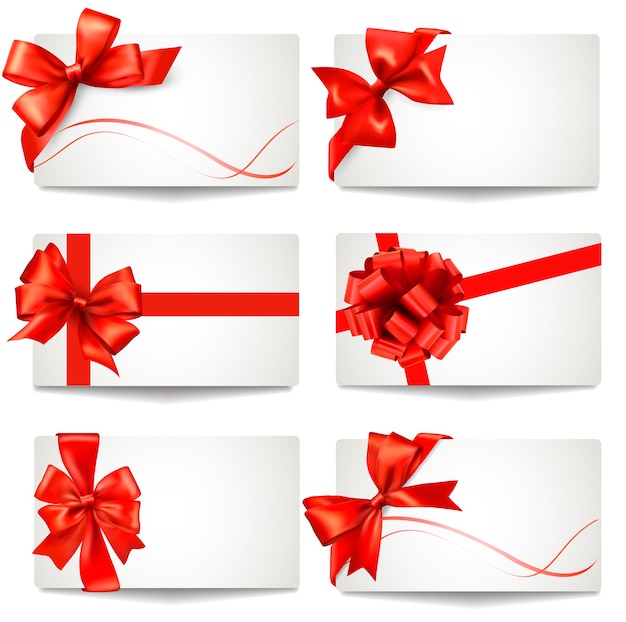 Vector set of gift card notes with red  bows and ribbons