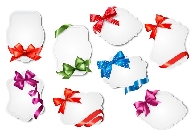 Set of gift cards with colorful gift bows with ribbons