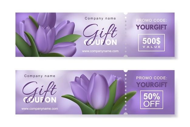 Vector set of gift coupons with realistic purple tulip flowers template for a festive gift voucher invitation and certificate vector illustration