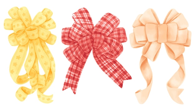 Set of gift ribbons bow illustrations hand painted watercolor styles