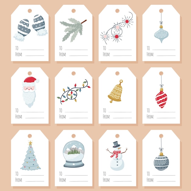 Vector set of gift tags, labels with christmas elements on a white background. cartoon illustrations