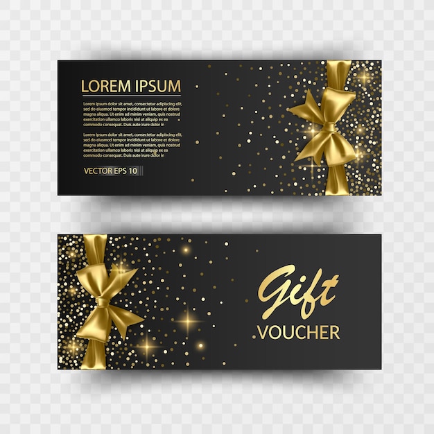 Set of Gift Voucher Card Template, Advertising or Sale. template with glitter texture and realistic bow, vector illustration