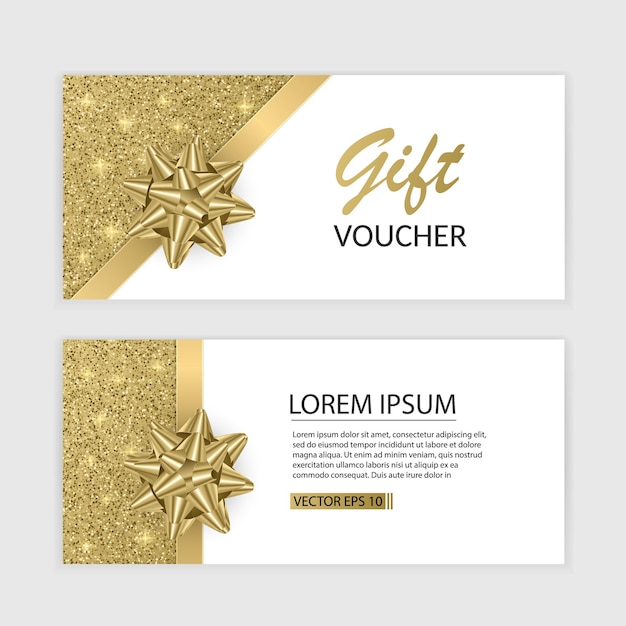 Set of gift voucher card template, advertising or sale. template with glitter texture and realistic bow