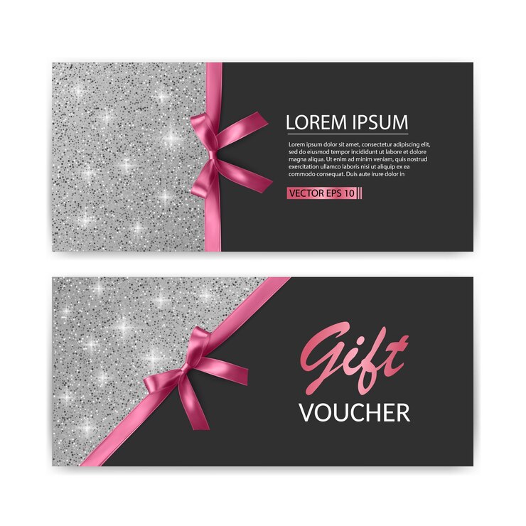 Set of Gift Voucher Card Template,   Sale. template with glitter texture and realistic bow illustration