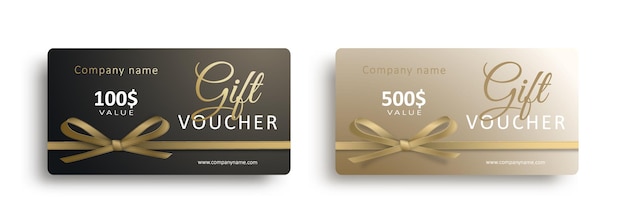 Vector set of gift vouchers with golden ribbons and bows