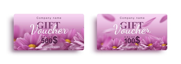 Set of gift vouchers with realistic pink chrysanthemum flowers