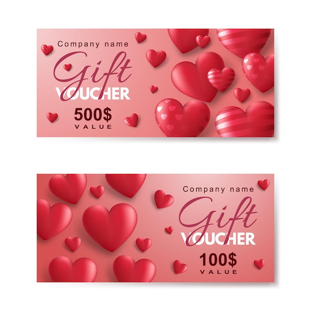 Set of gift vouchers with red 3d hearts Template for a festive gift coupon invitation and certificate Vector Illustration