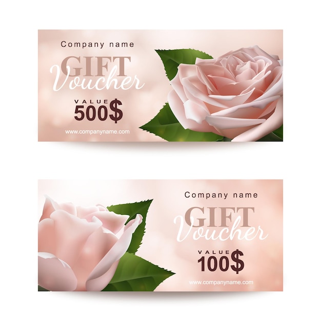 Set of gift vouchers with two realistic pink roses flowers