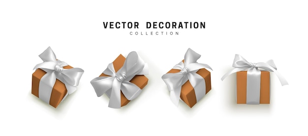 Set of gifts box. Collection realistic gift presents view top, side perspective view. Celebration decoration objects. Isolated on white background. vector illustration