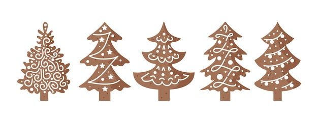 Set di pan di zenzero biscotti appetitosi decorati con glassa albero di natale con palline e ghirlande illustrazione di cibo per adesivi poster cartoline elementi di design