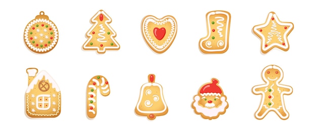 Set of gingerbread Christmas cookies decorated with sugar glaze.