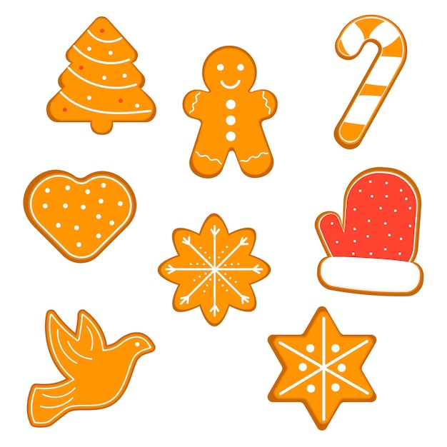 Set of gingerbread cookies man christmas tree star dove mitten vector illustration