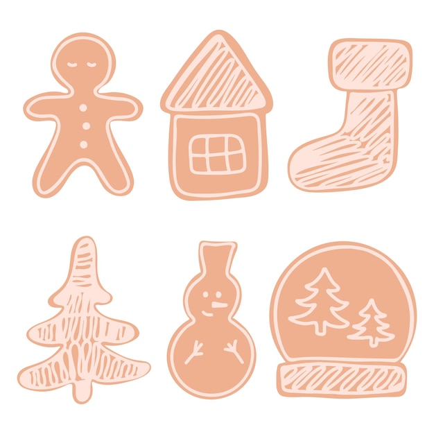 Vector set of gingerbread cookies for new year and christmas from a gingerbread man house snowman