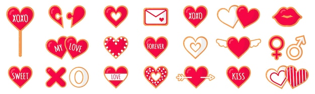 Set of gingerbread cookies with lettering love for Valentine's Day. Vector flat icon design isolated