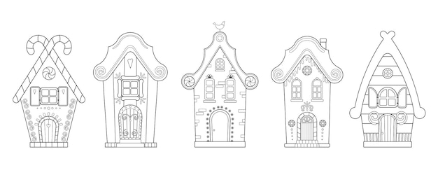 Set of gingerbread houses in line art style Vector illustration for coloring book