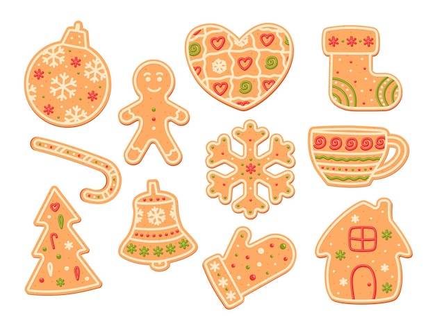 Vector set of gingerbreads in the form of snowflake heart stocking candy cane bell bauble man