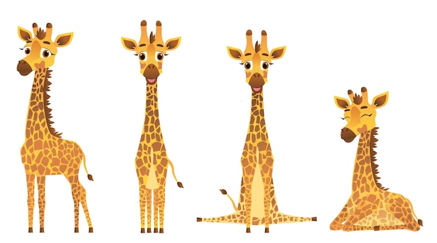 Set di giraffe in diverse pose in piedi seduto dormendo illustrazione vettoriale per stampe e modelli di disegni