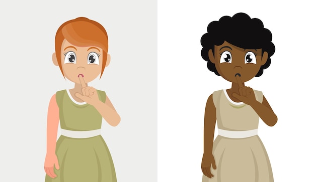 Vector set girl asking to be quiet with finger on lips