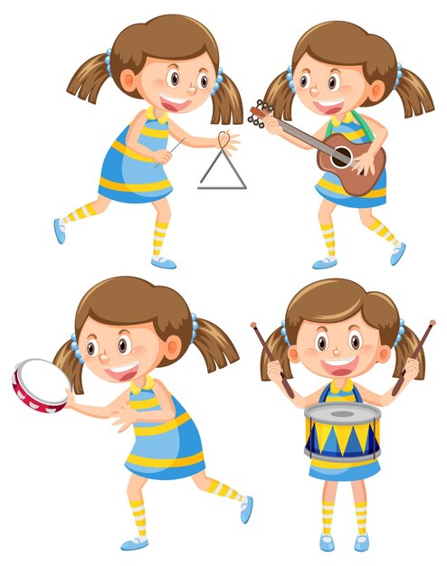 Set di personaggio dei cartoni animati ragazza con strumento musicale
