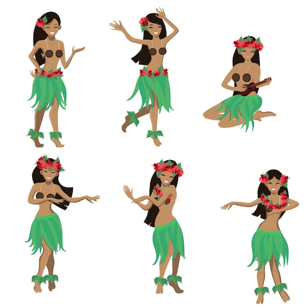 Vector set of girl in dance and sing with ukulele positions. beautiful graceful hawaiian girl dancing hula in traditional costume.