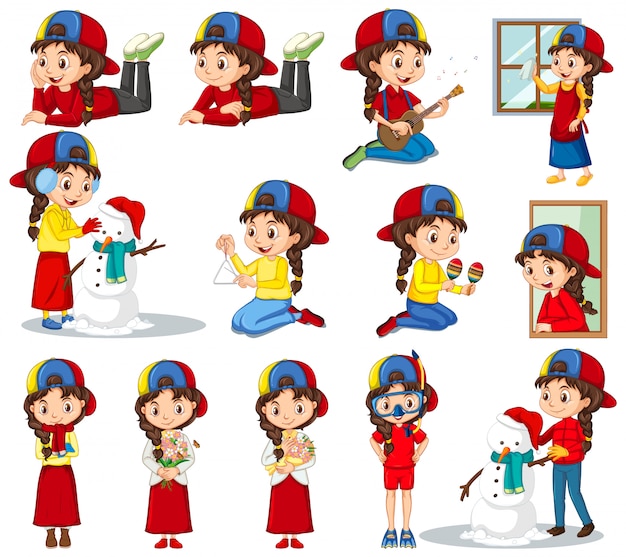 Set of girl doing different activities