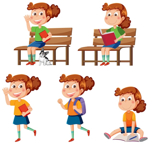 Vector set of girl doing different activities