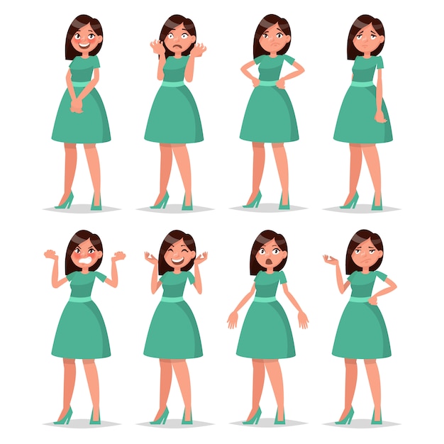 Set girl dressed in a dress with a variety of emotions and poses.