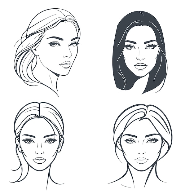 set of girl face art woman portrait line art illustration