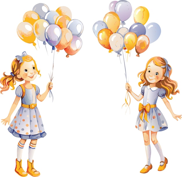 Vector set of a girl hold baloons