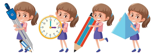 Set of a girl holding different math tools