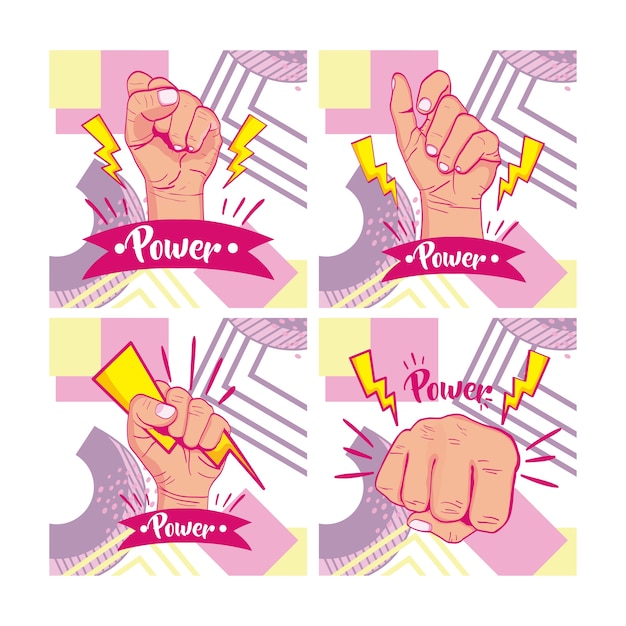 Set of girl power cards on memphis style