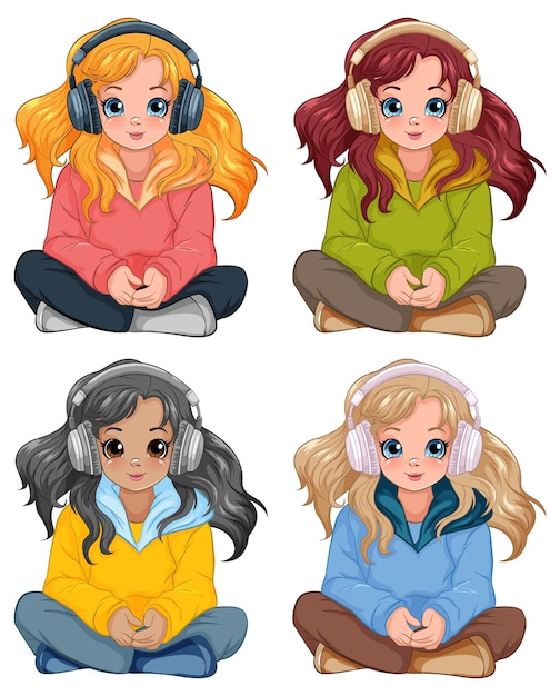 Vector set of girl sitting on the floor listening to music with headset