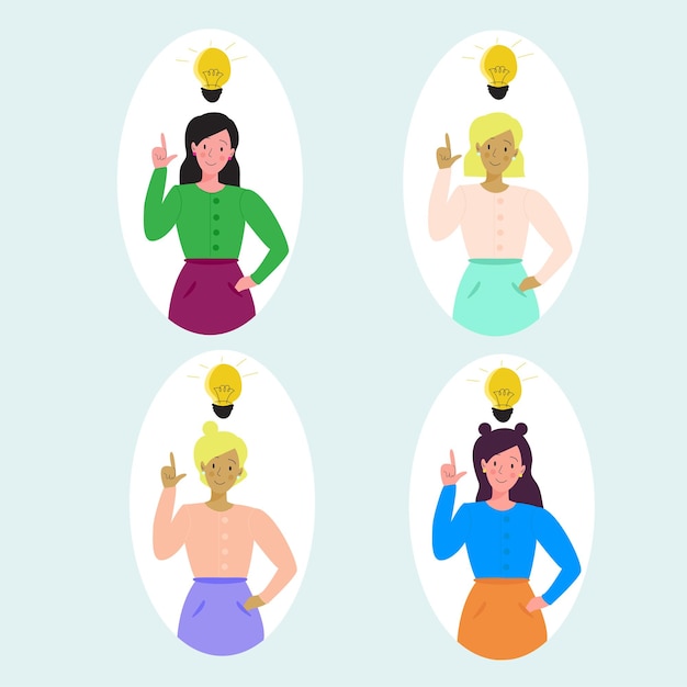 Set girl woman ha avuto un'idea lightbulb brainstorm business