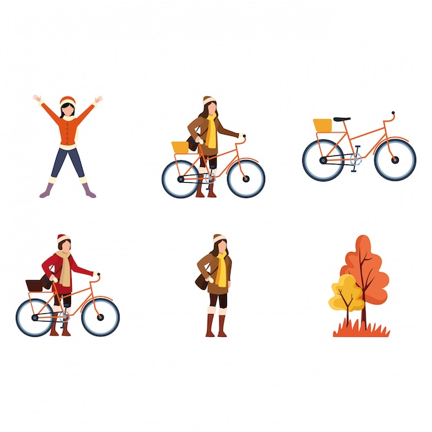 Set of girls and bicycles