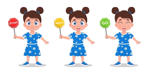 Set of girls, a cute little girl holding a road sign. Vector illustration