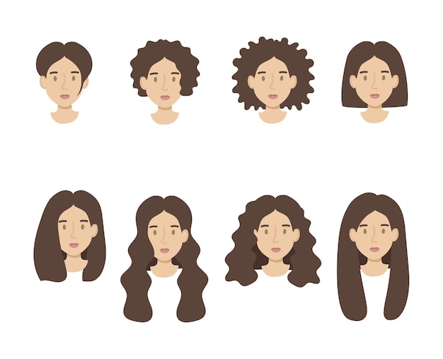 Set girls faces flat Friendly young woman with dark hair hairstyles different lengths Hand drawn vector illustration