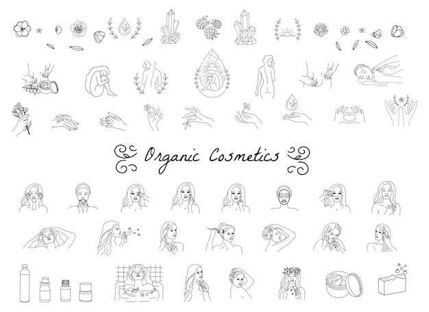 Set of girls poses hands and elements for design Concept of loving your body taking care