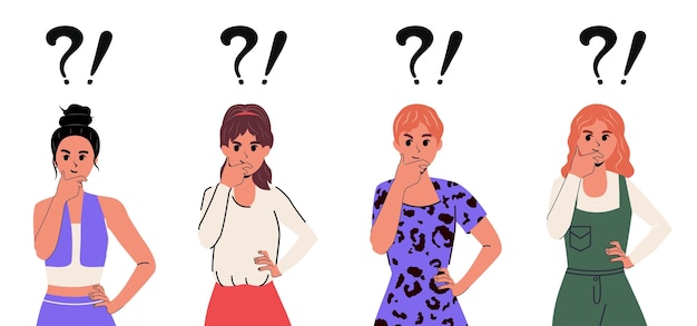 Set of girls thinking question mark