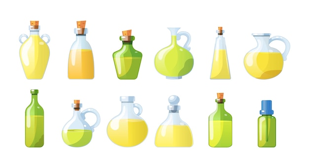 Vector set of glass assorted bottles with vegetable oils