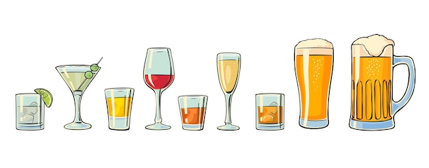 Vector set glass beer whiskey wine gin rum tequila cognac champagne cocktail vector fla