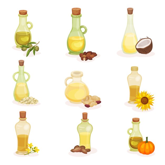   set of glass bottles of different oils. Organic and healthy products. Natural cooking ingredients