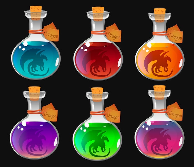 Set of glass bottles with dragons cartoon style Design element vector game interface