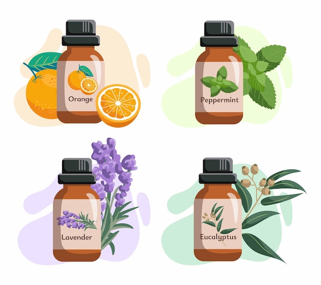 Vector set of glass bottles with essential oils orange eucalyptycus peppermint tea tree oils